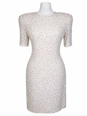 Vintage 90s Lawrence Kazar White Silk Beaded Sequin Party Dress Petite PP XXS XS